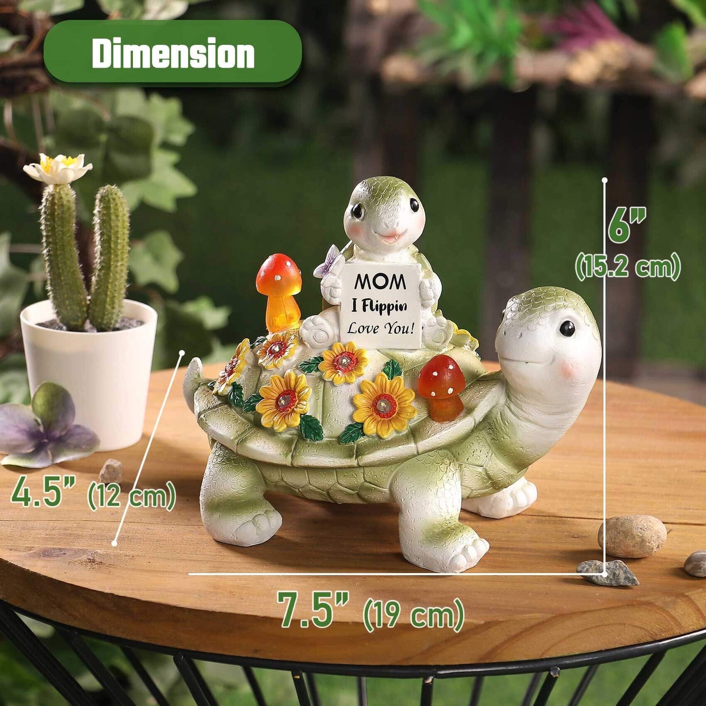 Solar Turtle Garden Statue 7.5 inches, I Flippin Love You Tortoise Figurine with 7 LED Lights, Outdoor Lawn Decor for Patio, Yard, Balcony, Birthday for Mom, Grandma, Women