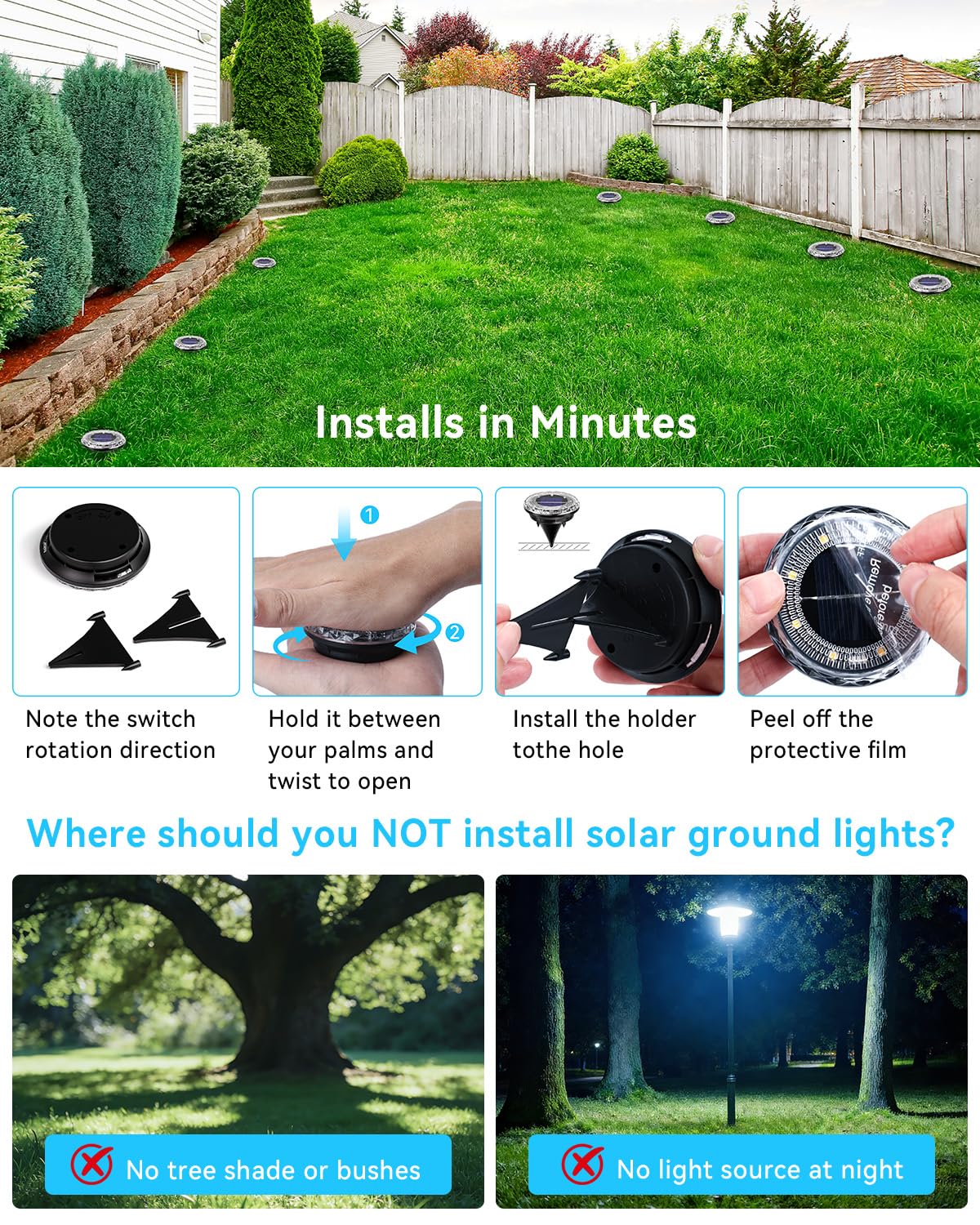 Solar Ground Lights Outdoor，12 Pack 8 LED Solar Pathway Lights Up to 8–10H IP65 Waterproof Landscape Lighting for Lawn Yard Deck Patio Walkway (Warm White)