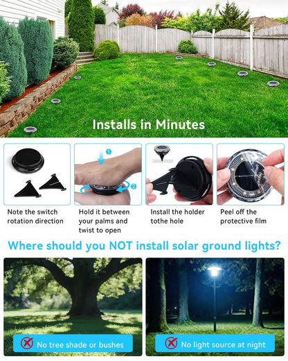 Solar Ground Lights Outdoor，12 Pack 8 LED Solar Pathway Lights Up to 8–10H IP65 Waterproof Landscape Lighting for Lawn Yard Deck Patio Walkway (Warm White)