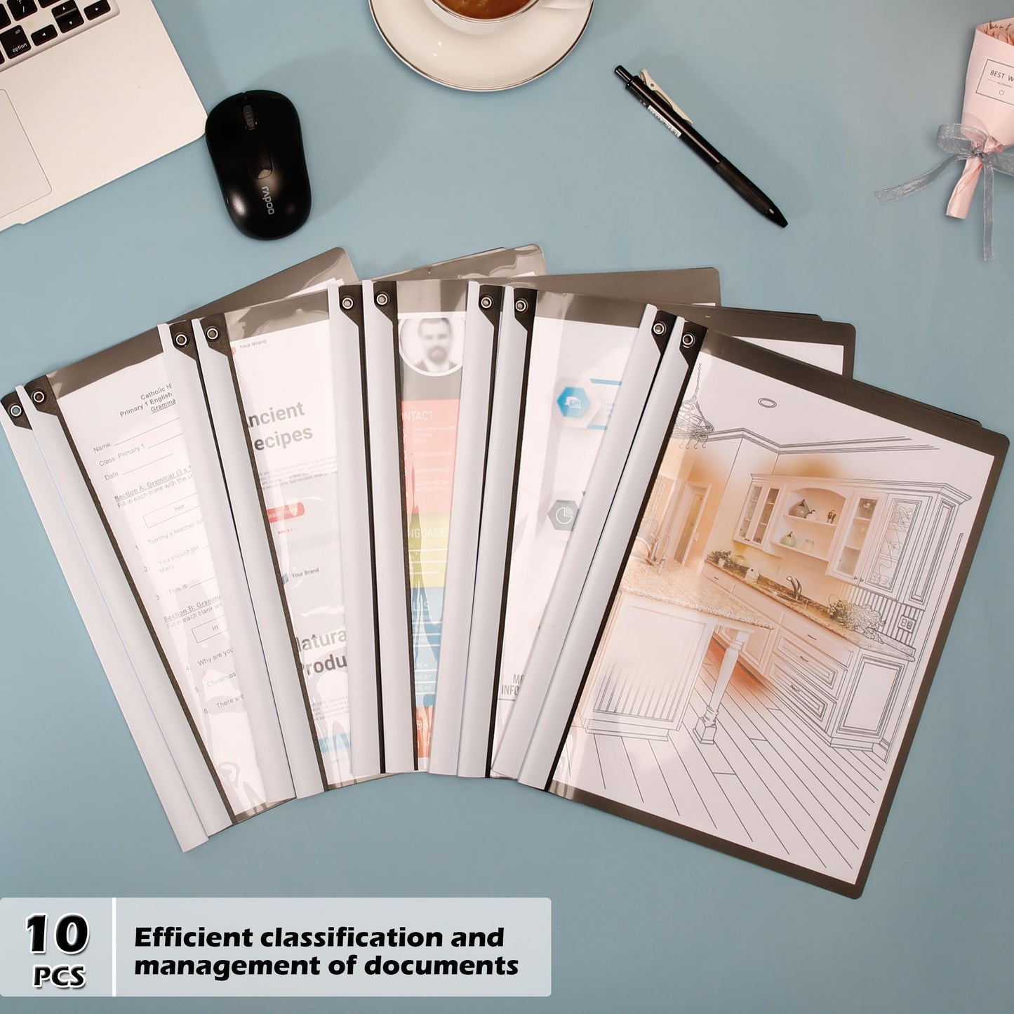 Dlicoda Report Covers with Swing Clip, 10 Pack Clear Front Presentation folders for A4/Letter Size, 8.9'' x 11.9'', 40 Sheet Capacity, No Punch Needed (Black)