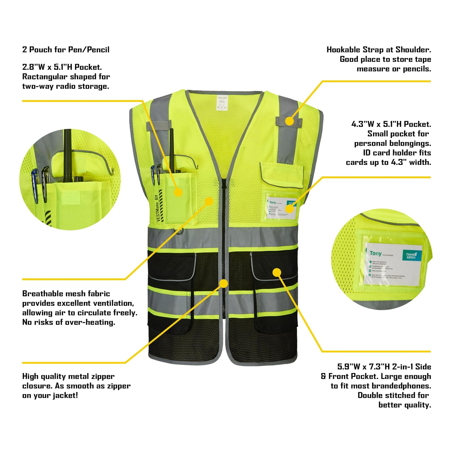 COOLJOB 9 Pockets Reflective Mesh Safety Vest for Men, Hi-vis Work Vest for Construction, Class 2 ANSI Standard, Yellow Large 1 pack