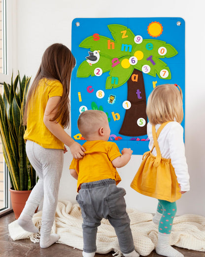 CHEFAN Felt Letter and Number Tree, Coconut Tree Alphabet Game, Felt Story Board Set for Early Education Storytelling, Felt Board for Wall Teaching Home Classroom Play