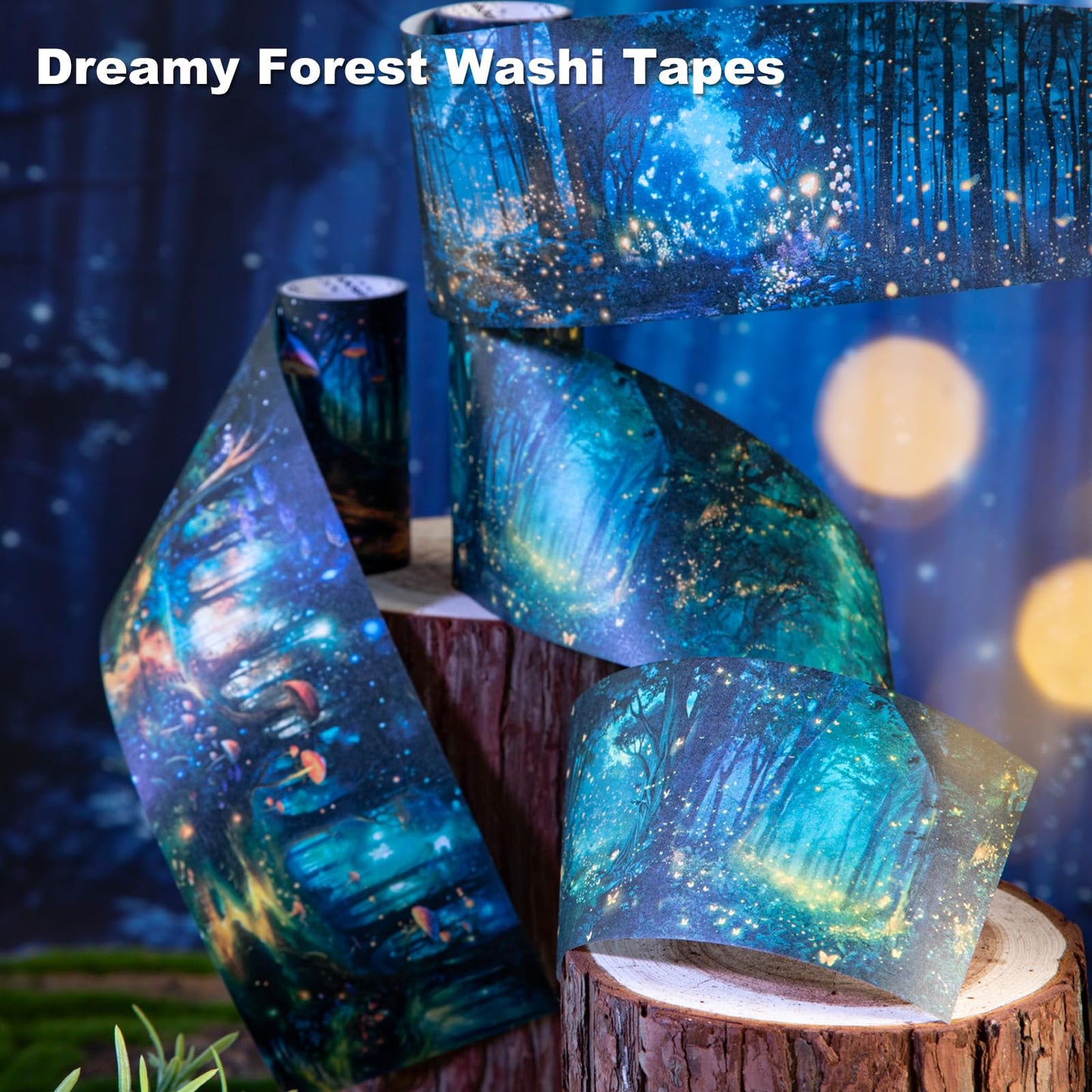 AuriicLeaf Night Forest Seamless Washi Tape Scrapbook Kit – 6 Rolls with Starry Sky, Fairy Woods & Twilight Designs for Journaling, DIY Crafts, Gift Wrapping, Card Making, Decoration, 3.15in Wide