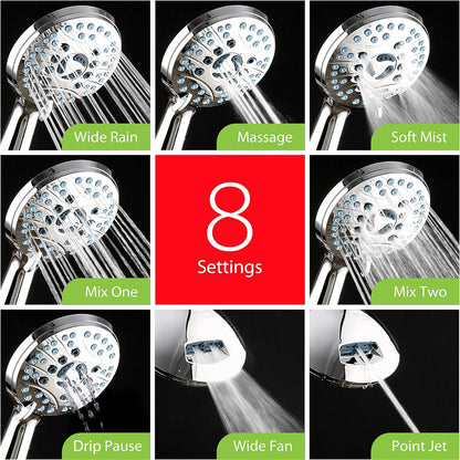 AquaCare High Pressure 8-Mode Handheld Shower Head - Anti-Clog Nozzles, Built-in Power Wash to Clean Tub, Tile & Pets, Extra Long 6 ft. Stainless Steel Hose, Wall & Overhead Brackets
