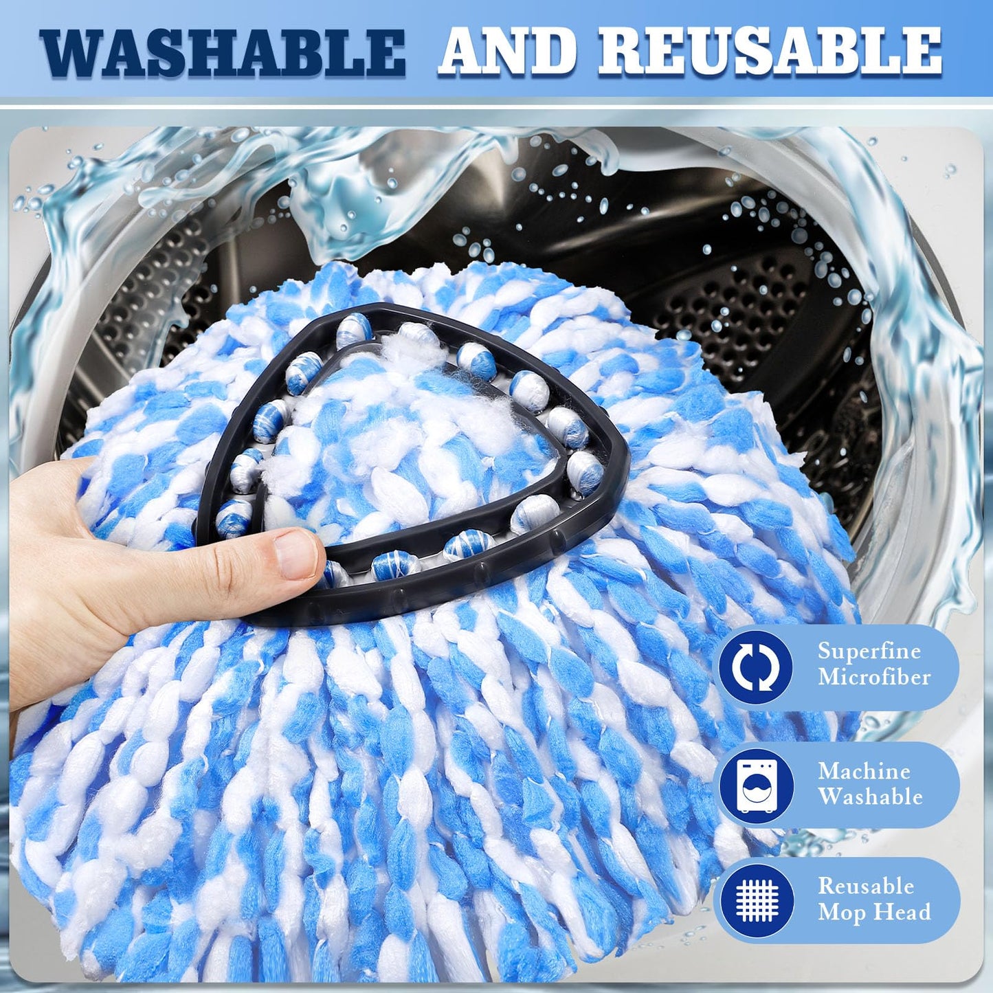 4-Pack Microfiber Spin Mop Head Replacements - Compatible with Oceda RinseClean 2-Tank System,Comes with 1 Mop Scrub Brush, 1 Mop Base & 4 Cleaning Floor Mop Heads Blue