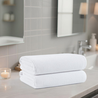 POLYTE 380 GSM Microfiber Oversize Quick Dry Lint Free Bath Towel, 60 x 30 in, Set of 2 (Waffle Weave)