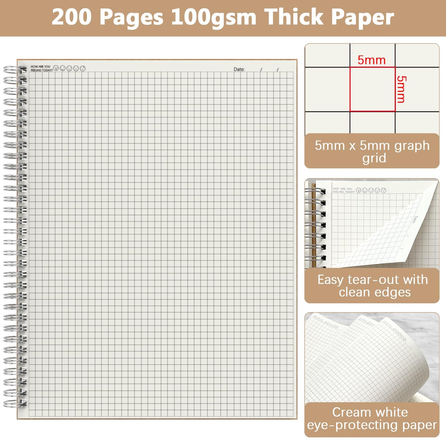 A4 Graph Paper Notebook, 2 Pack Large Spiral Grid Notebook, 200 Pages 100gsm Thick 5mm Square Paper Quad Notebook for Engineering, Math, Taking Notes, Drawing and More - Kraft Brown Cover, 8.5" x 11"