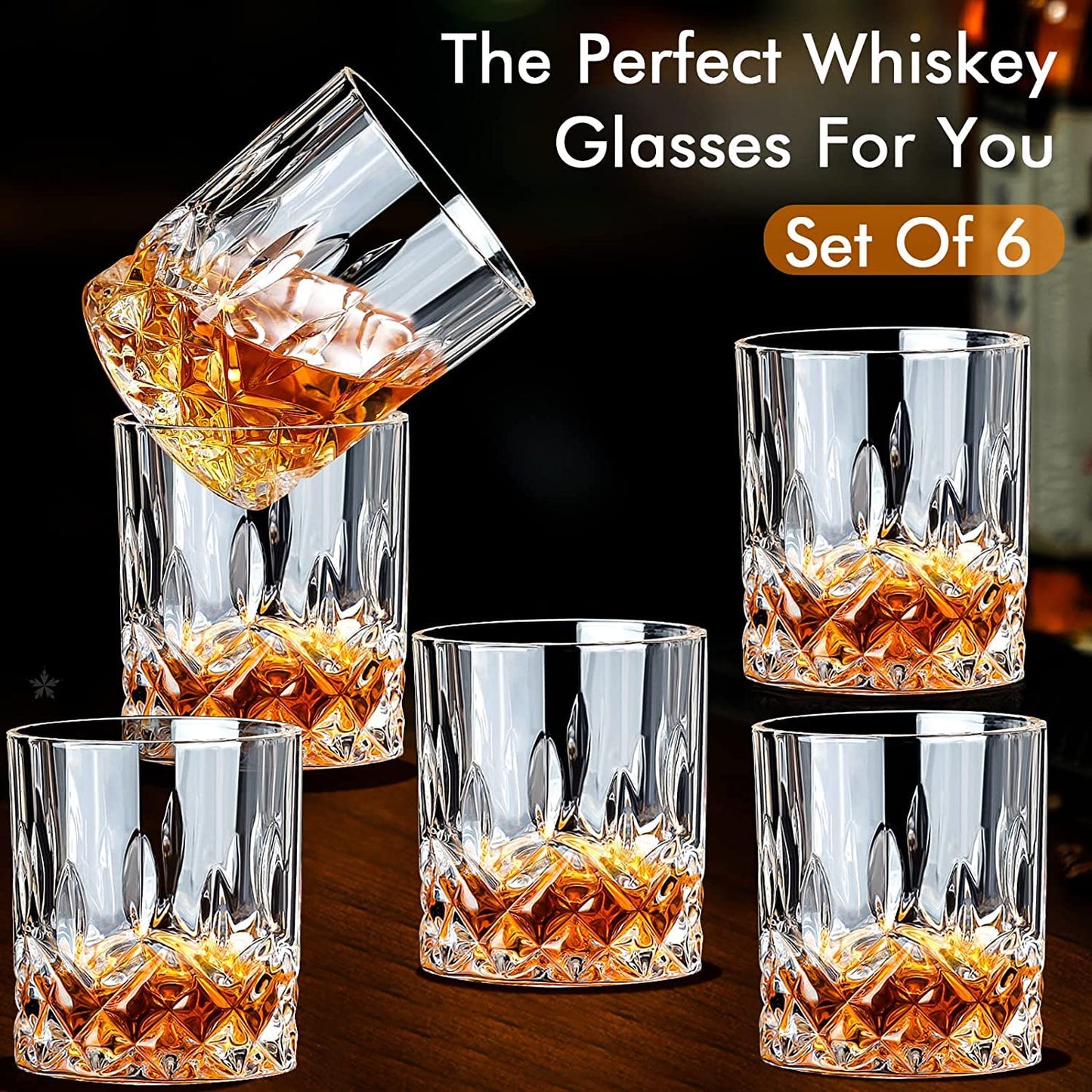 Whiskey Glasses Old Fashioned Glass Set of 6 Rocks Glasses 10oz Clear Whisky Glasses Lowball Glassware Drinking Tumblers Cups for Cognac Bourbon Cocktail Rum Brandy Bar Men
