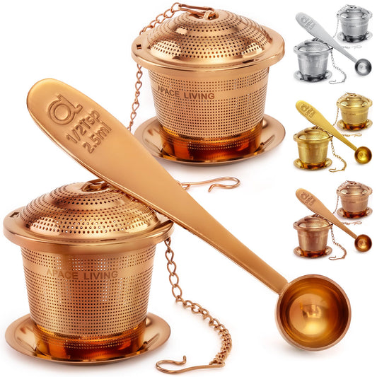 Apace Loose Leaf Tea Infuser (Set of 2) with Tea Scoop and Drip Tray - Ultra Fine Stainless Steel Strainer & Steeper for a Superior Brewing Experience (Rose Gold, Medium)