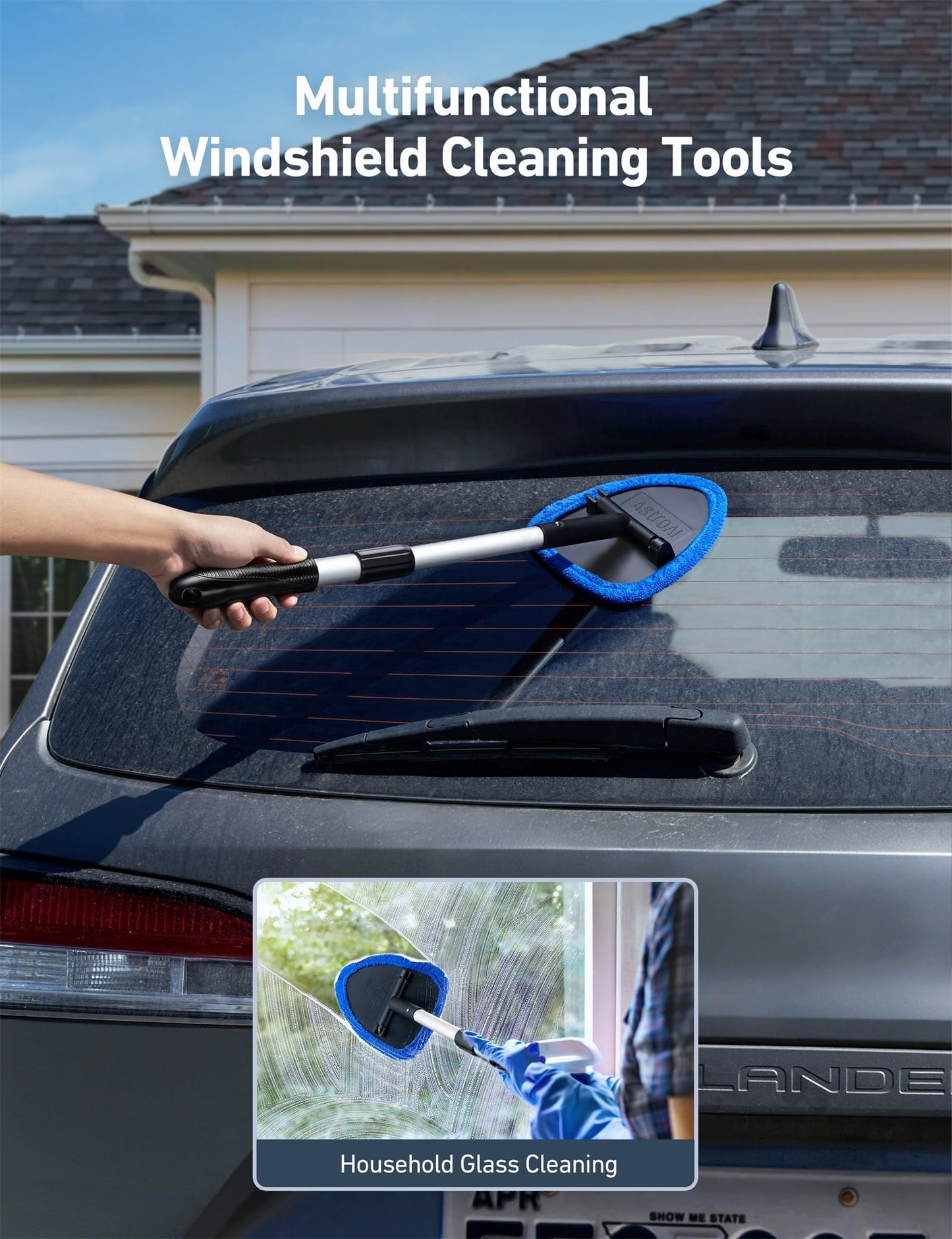 AstroAI Car Windshield Cleaner Tool, Car Window Cleaner with Extendable Handle, Windshield Cleaning Tool, 4 Reusable and Washable Microfiber Pads