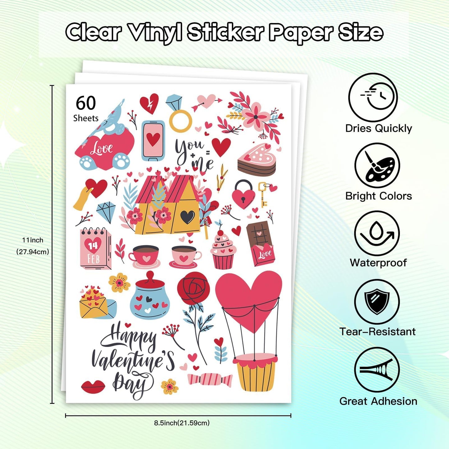 Ruibytree Printable Clear Vinyl Sticker Paper for Inkjet Printers, 60 Sheets Transparent Paper of 8.5x11 DIY Personalized Self-Adhesive Paper that is Tear Resistant, Waterproof Labels, Easy to Cut