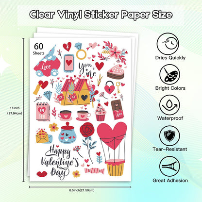 Ruibytree Printable Clear Vinyl Sticker Paper for Inkjet Printers, 60 Sheets Transparent Paper of 8.5x11 DIY Personalized Self-Adhesive Paper that is Tear Resistant, Waterproof Labels, Easy to Cut