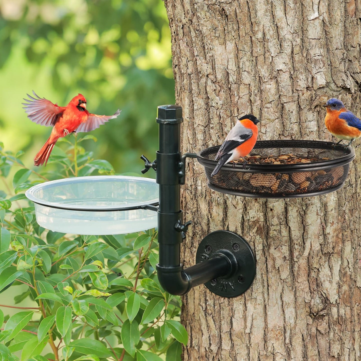 Urban Deco Wall Mounted Bird Feeder Tree Mount Bird Feeder Bird Feeder Bath Detachable Feeder Tray with 2 Water Bowls for Balcony, Yard, and Fence, Tree,Black