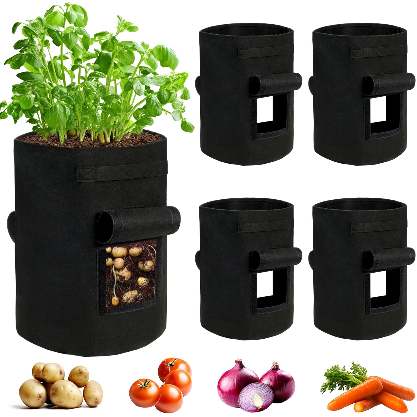 SYITCUN 4 Pack 15 Gallon Potato Growing Bags, Thickened Nonwoven Fabric Grow Bags with 2 Windows &2 Reinforced Handle, Potato Bags for Growing Potatoes, Vegetable and Fruits