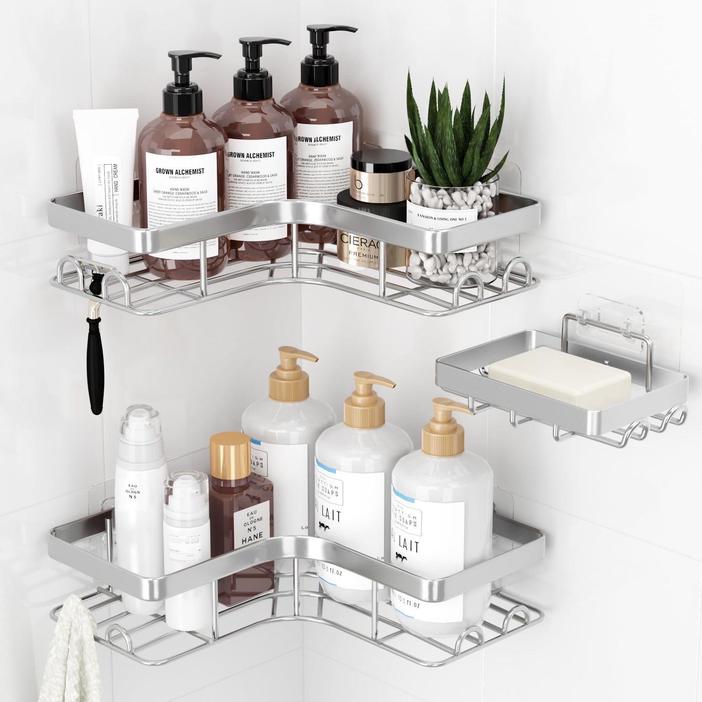 Sakugi Corner Shower Caddy - 3-Pack Shower Organizer with Soap Holder & Built-In Hooks, Rustproof Metal Shower Shelves, Laundry, Kitchen, Bathroom Organizers and Storage Solution, Silver