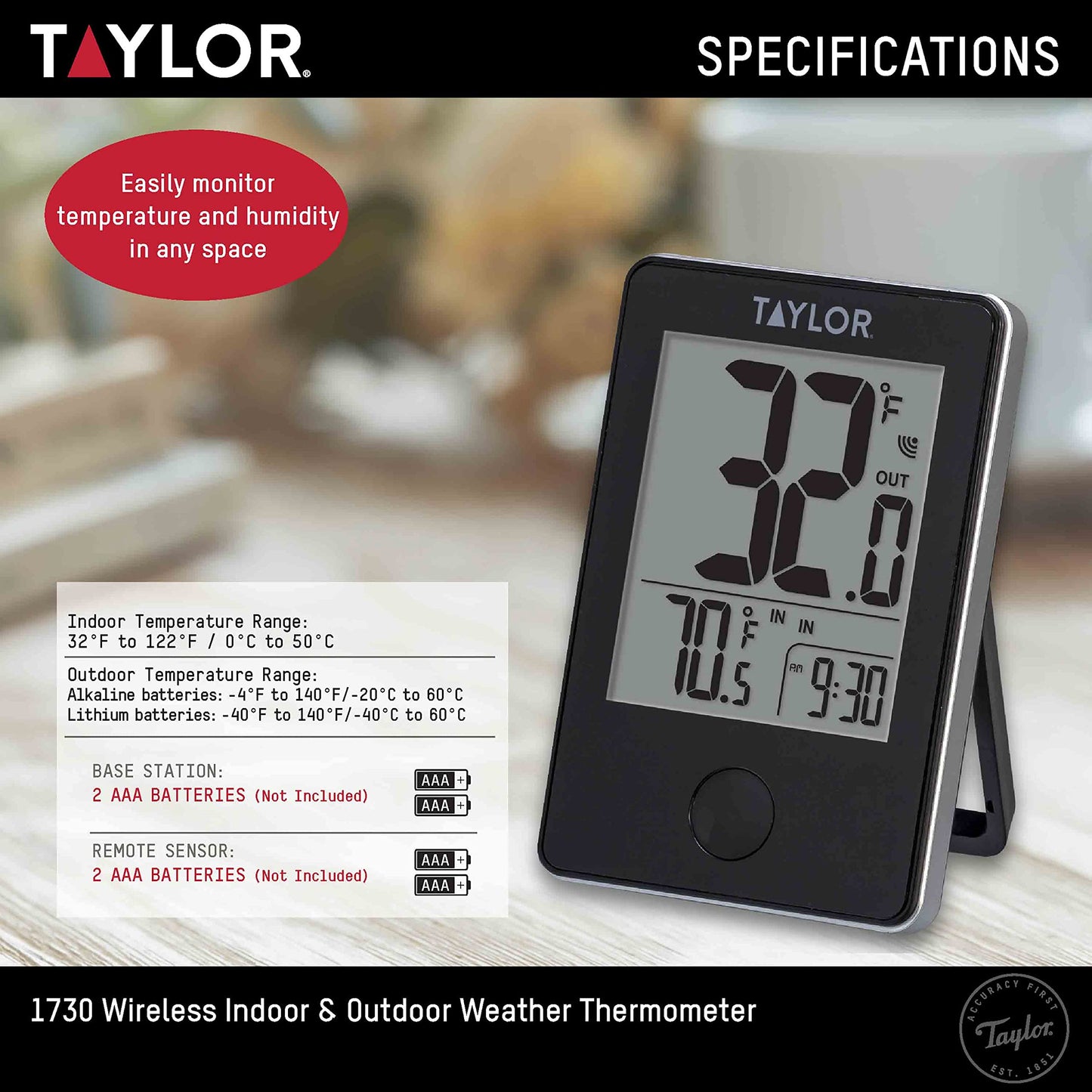 Taylor Precision Products 1730 Indoor/Outdoor Wireless Digital Thermometer with Remote, Black, one Size