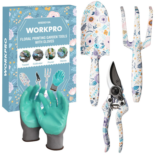 WORKPRO Aluminum Garden Tool Set – 4PCS Heavy Duty Hand Garden Tools, Includes Garden Gloves, Trowel, Cultivator & Pruner for Gardening, Planting & Landscaping, Garden Gifts for Women