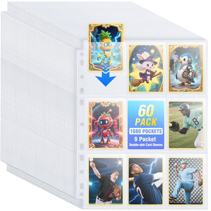 60 Pack 1080 Pockets Binder Card Sleeves Double-Sided 9 Pocket Trading Card Pages for 3 Ring Binder, Clear Plastic Pages Sleeves for Sport Cards, Business Cards, Game Cards, Photos