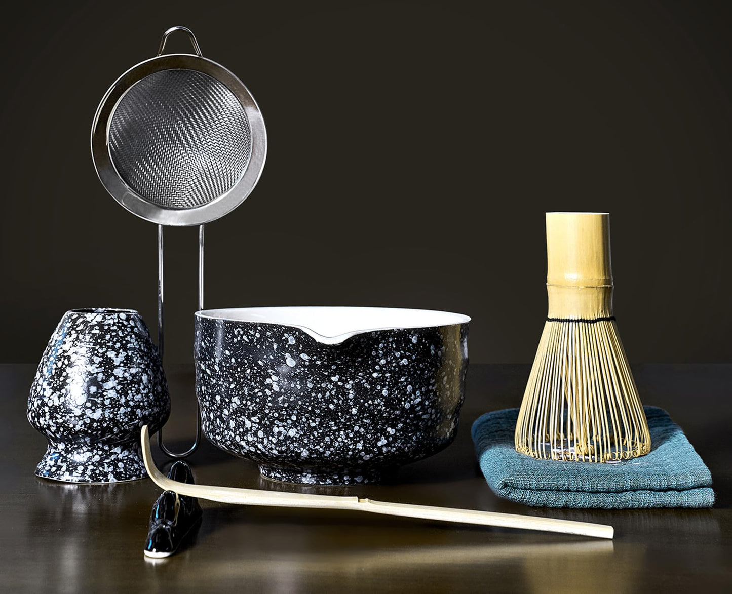 SOOCVWOLF 7 Pcs Matcha Whisk Set, Ceramic Matcha Kit for Tea Ceremony, Matcha Whisk and Bowl, Matcha Tea Set for Making Latte Drinks, Gift for Matcha Lover and Starters(Spotty Black)