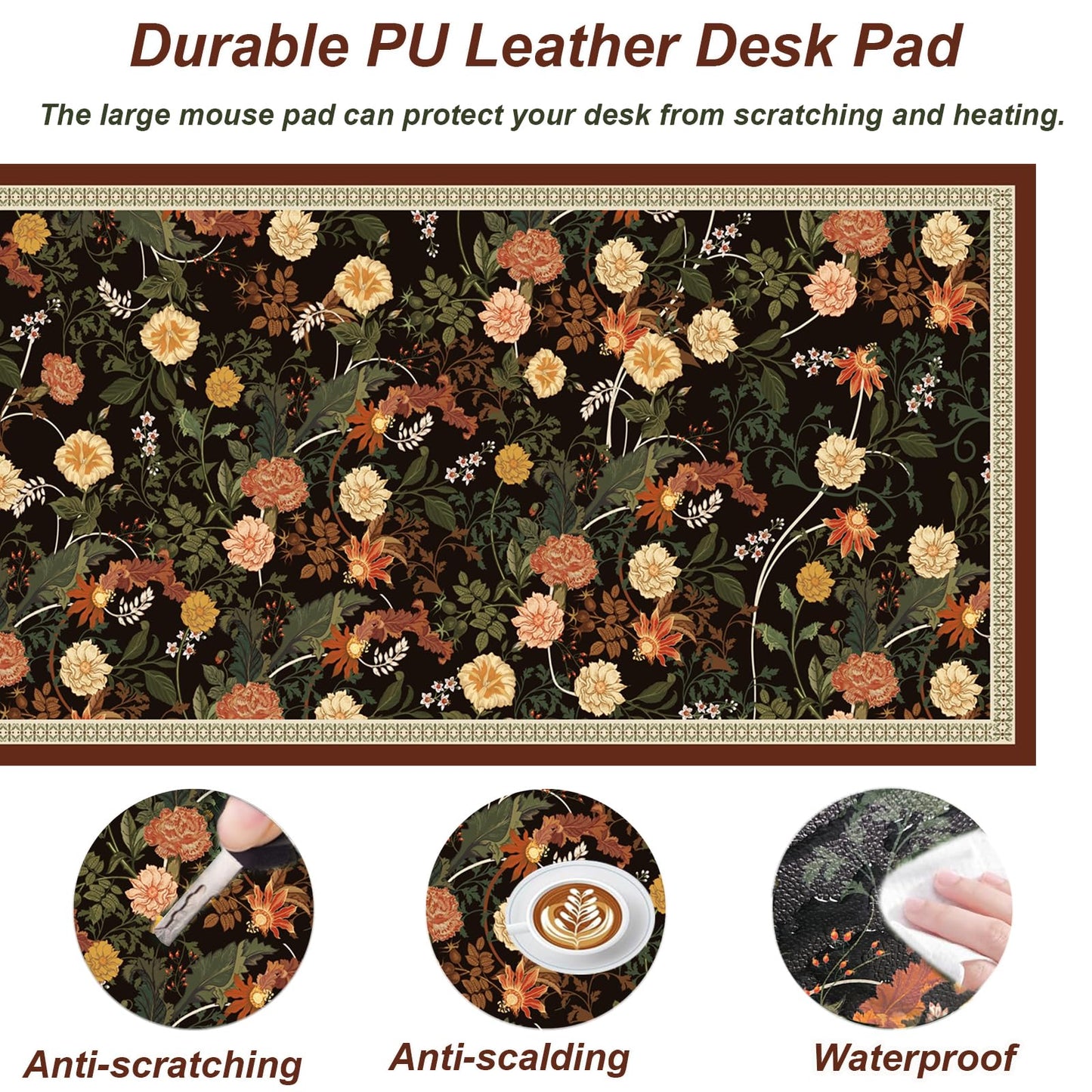 Desk Pad, ZAXOXAZ PU Leather Desk Pad Protector, 31.5" x 15.7" XXL Large Extended Flowers Mouse Pad, Big Desk Mat Floral Desk Blotter, Waterproof Desk Writing Pad for Office and Home