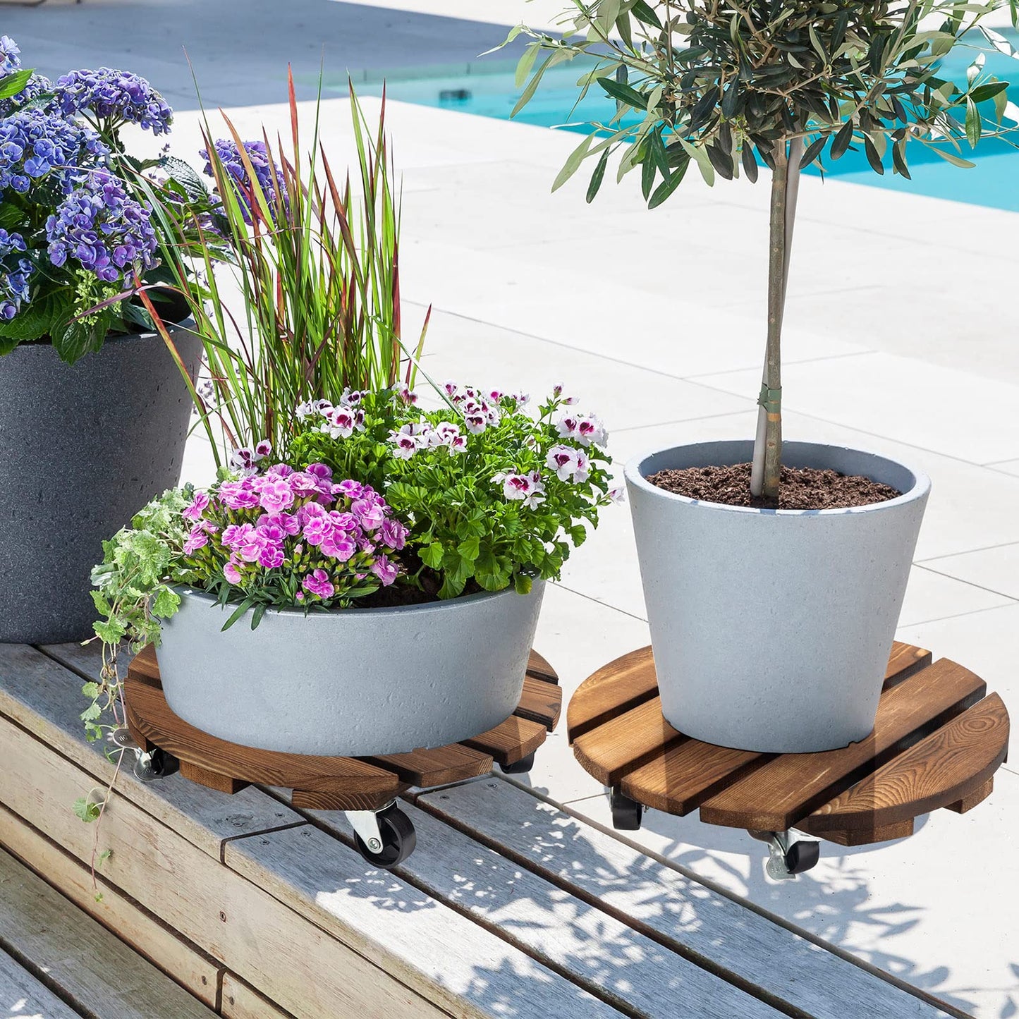 Yangbaga 2pack Plant Caddy 11??Wood Duty Round Plant Roller with 2 360° Lockable Caster Wheels,Indoor Outdoor on Roller Patio/Flower Pot/Succulent Pots