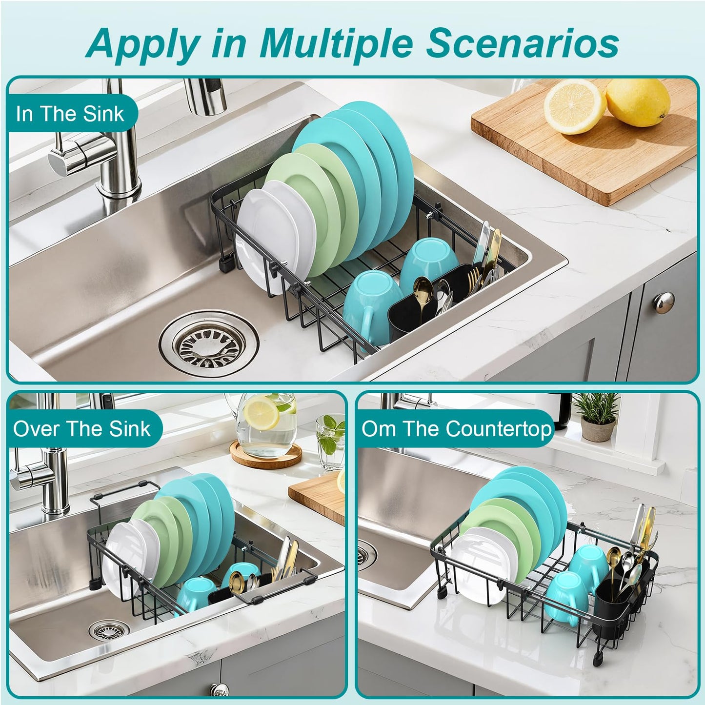 Ceecysaa Dish Drying Rack, Expandable Over The Sink Dish Drying Rack,Adjustable Dish Rack in Sink,Dish Drainer with Utensil Rack & Handle (30-42.5cm) for Kitchen Counter,Metal,Black