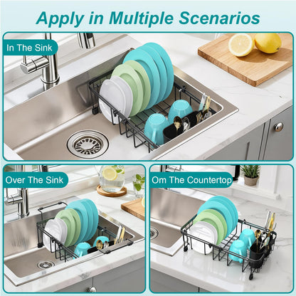 Ceecysaa Dish Drying Rack, Expandable Over The Sink Dish Drying Rack,Adjustable Dish Rack in Sink,Dish Drainer with Utensil Rack & Handle (30-42.5cm) for Kitchen Counter,Metal,Black