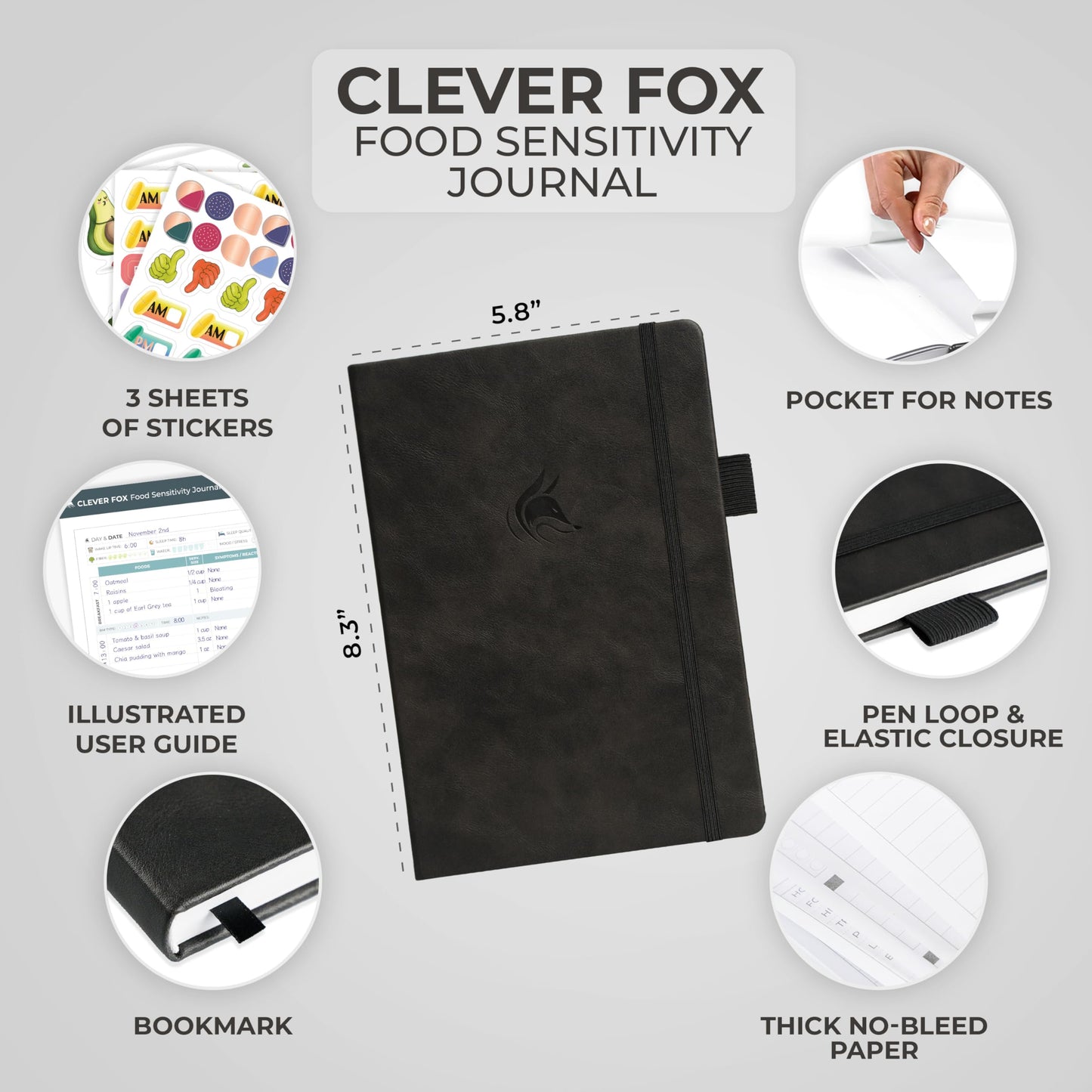 Clever Fox Food Sensitivity Journal – Daily Intolerance & Symptom Log for IBS, Diabetic, Low Fodmap, Elimination Diet – Health Tracker (Black)