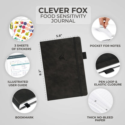 Clever Fox Food Sensitivity Journal – Daily Intolerance & Symptom Log for IBS, Diabetic, Low Fodmap, Elimination Diet – Health Tracker (Black)