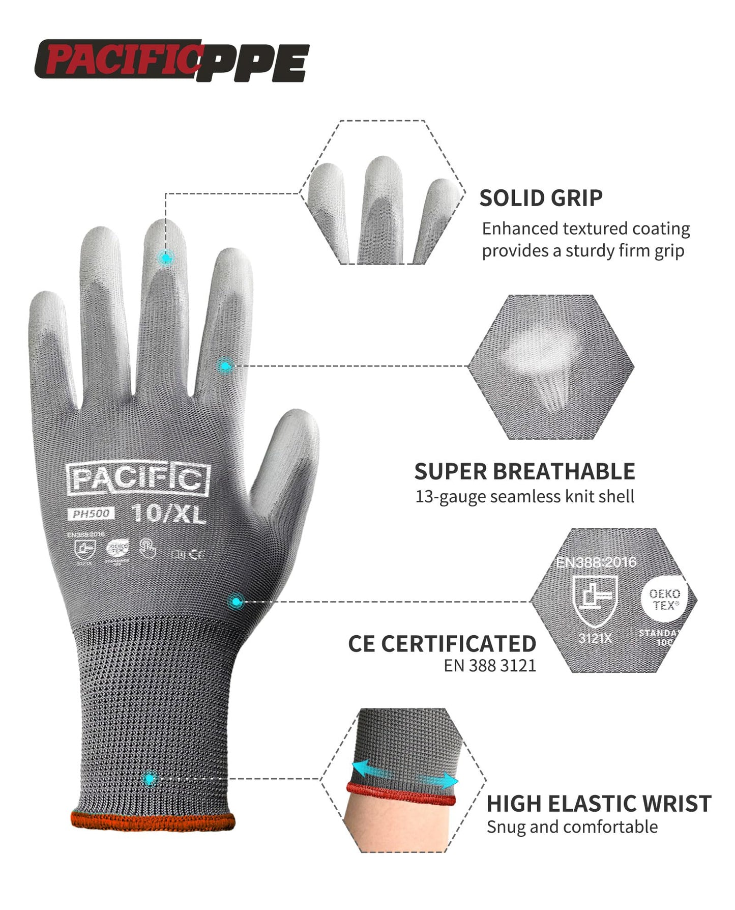 PACIFIC Work Gloves for Men and Women, Touchscreen Working Gloves, 18 Pairs Bulk Pack Mechanic Gloves, PU Coated, Mens Gardening Gloves, Lightweight, Grey, Medium