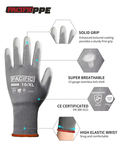 PACIFIC Work Gloves for Men and Women, Touchscreen Working Gloves, 18 Pairs Bulk Pack Mechanic Gloves, PU Coated, Mens Gardening Gloves, Lightweight, Grey, Medium