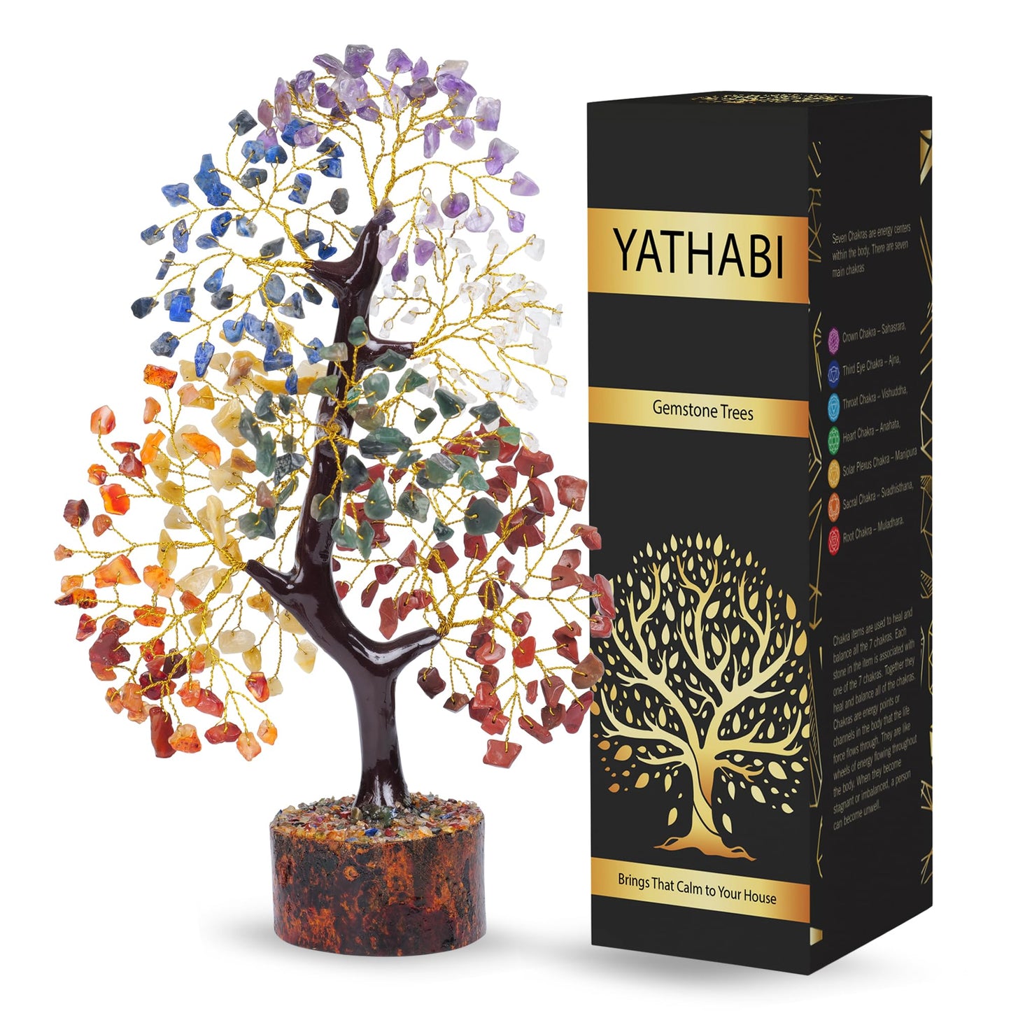 YATHABI Seven Chakra Golden Wire Handmade Gemstone Tree Feng Shui Bonsai for Attracting Positive Energies Chakra Balancing Aura Cleansing Crystal Healing Home Decor Size:- 10-12 Inch Approx