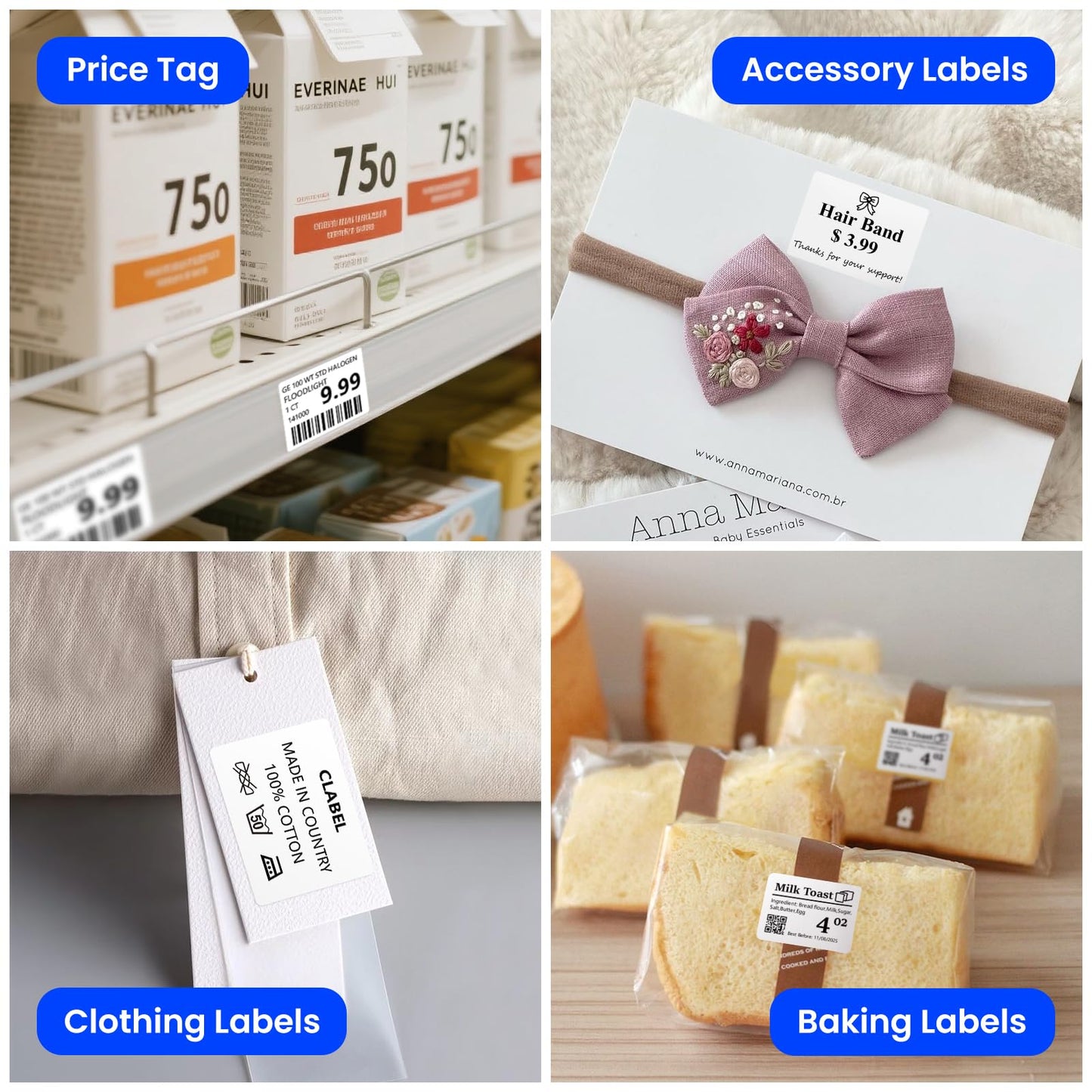 CLABEL Label Maker Tape for 220B/221B/230B Label Maker Thermal Label Roll Label Maker Paper Clear Label Waterproof Sticker Printer Paper (1.57'' x 1.18''(40 x 30mm)) 6 Rolls, Black on White