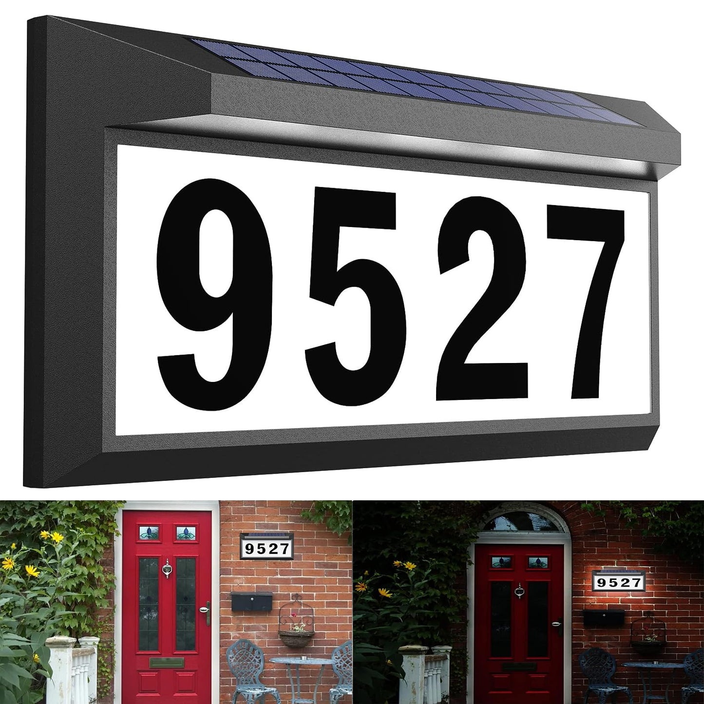 CcBear show Solar LED House Number Sign, White, Modern Style, Solar Powered Address Plaque with 3 Modes Lighting, Auto On/Off, Waterproof, Suitable for Outdoor Use