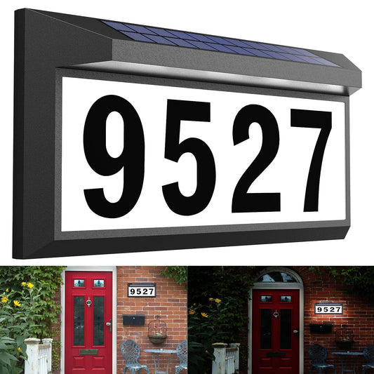CcBear show Solar LED House Number Sign, White, Modern Style, Solar Powered Address Plaque with 3 Modes Lighting, Auto On/Off, Waterproof, Suitable for Outdoor Use