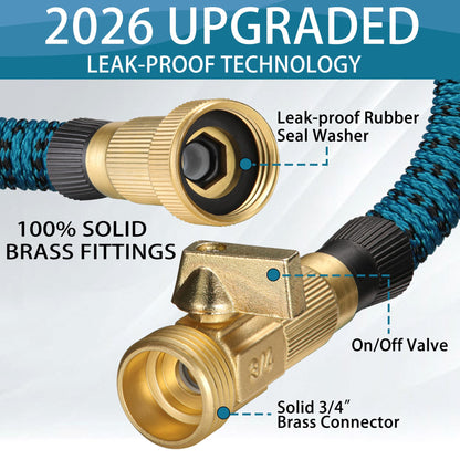 50 FT Garden Hose – 2026 Upgarded Expandable Garden Hose w/10 Pattern Spray Nozzle, 650psi Brass 3/4” Fittings – Lightweight, Durable, Kink-Free, Retractable Water Hoses for Gardening(Blue Black)