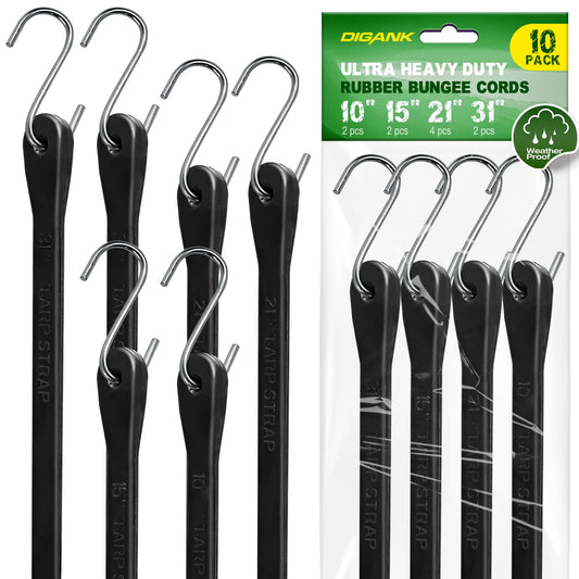 Bungee Cords with Hooks (10 Pack) Heavy Duty Outdoor Rubber Tarp Straps in 10", 15", 21", 31" Sizes, Crimped S Hooks for Securing Cargo, Bikes, Camping Gear, Luggage - Max Stretch 1.5X, Load 180 lbs