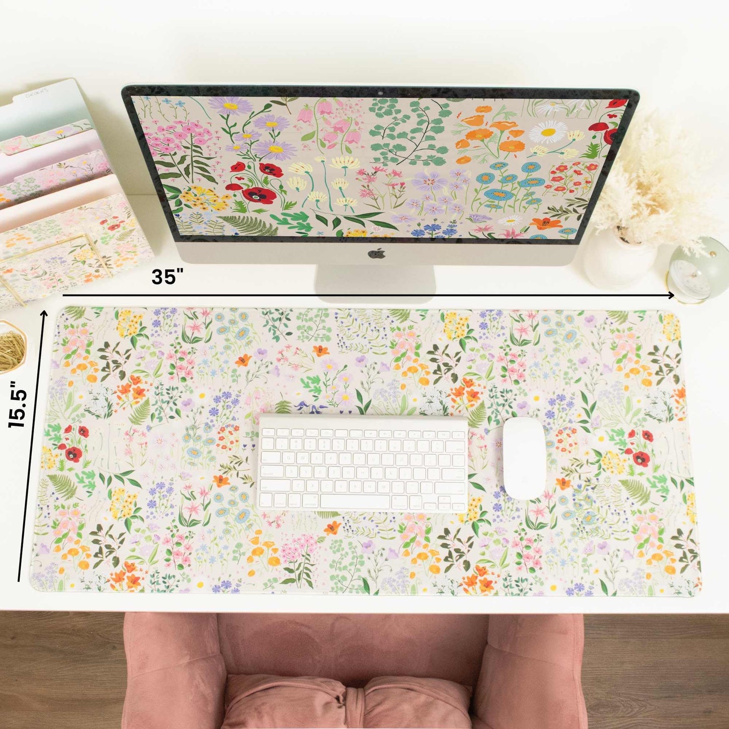 bloom daily planners Desk Pad Mat - XL Extended Mouse Pad with Rubber Base, Sewn Stitched Edges - Large Keyboard Mouse Mat for Work, Game, Office, Home (15.5" x 35”) - Floral Garden Party