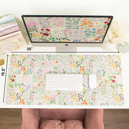 bloom daily planners Desk Pad Mat - XL Extended Mouse Pad with Rubber Base, Sewn Stitched Edges - Large Keyboard Mouse Mat for Work, Game, Office, Home (15.5" x 35”) - Floral Garden Party