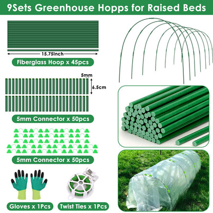 45 Pcs Greenhouse Hoops for Raised Beds, 9 Sets Garden Hoops Grow Tunnel Rust-Free Fiberglass Hoop House Kit, Plant Support Garden Stakes Hoops Frame for Netting Shade Cloth Row Cover Garden Supplies