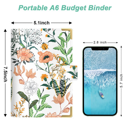 Rnivvi Budget Binder with Zipper Envelopes, A6 Money Saving Binder Cash Envelopes for Budgeting, PU Leather Budget Planner Money Organizer for Cash Bills, Floral Budget Wallet for Women, White Flower