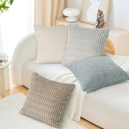 UXORSN Pack of 4 Decorative Throw Pillow Covers 18x18 Inch Soft Plush Corduroy Striped Square Pillowcases Blue Beige Coffee Gray Fluffy Cushion Cases Boho Decor for Farmhouse Living Room Bed Sofa