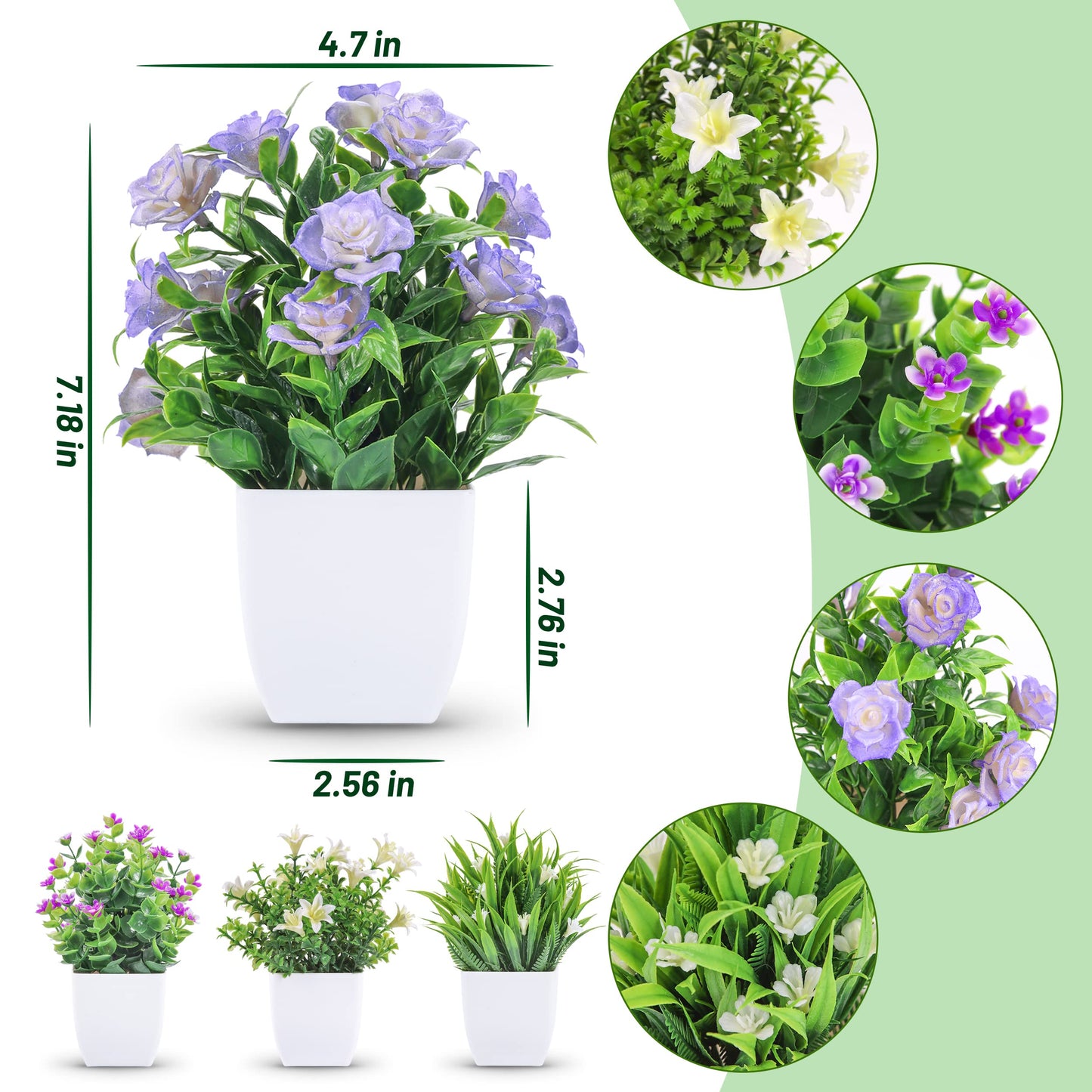 Der Rose 4 Pack Small Fake Plants Mini Artificial Faux Plants with Fake Flowers for Home Room Farmhouse Bathroom Decor Indoor