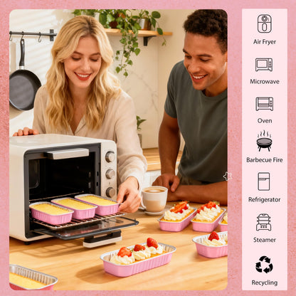 Valentines Gifts NPLUX Mini Loaf Pans with Lids and Spoons Rectangular Aluminum Foil Baking Pans Mini Cheesecake Containers 6.8oz(60 Pack, Pink)