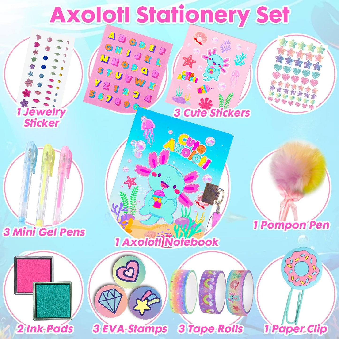 Axolotl Diary for Girls with Lock, Axolotl Stationery Set with Secret Diary, Stamps, Pens, Axolotl Journal Notebook Birthday Gifts for Little Girls Age 5 6 7 8 9 10-12