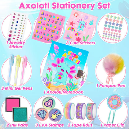 Axolotl Diary for Girls with Lock, Axolotl Stationery Set with Secret Diary, Stamps, Pens, Axolotl Journal Notebook Birthday Gifts for Little Girls Age 5 6 7 8 9 10-12