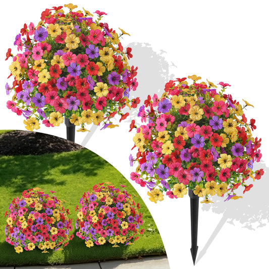 Alupssuc 2Pcs 20" Artificial Topiary Ball Flowers for Outdoors, Spring Decoration with Spike, UV Resistant Faux Summer Plants, Fake Bushes Indoor Decor, Mix 4 Colors for Garden, Porch & Patio
