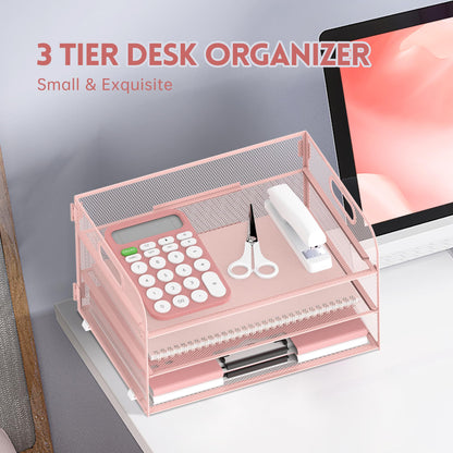 Supeasy 3 Tier Paper Organizer with Handle, Mesh Desk Organizer Letter Tray, Paper Tray File Organizer for A4 File Folder, Pink