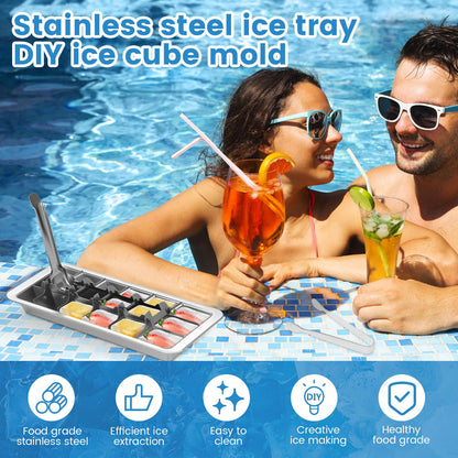 Stainless Steel Ice Cube Tray 18 Slot Ice Trays for Freezer Ice Lattice Mould with Clamp Easy Release Handle Easy to Clean (Clamp)