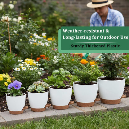 Plant Pots 7/6.5/6/5.5/5 Inch Self Watering Flower Pots Indoor Outdoor 5 Pack Plastic Planters with Drainage Holes Saucers Nursery Planting Pot for Indoor Outdoor Plants, White